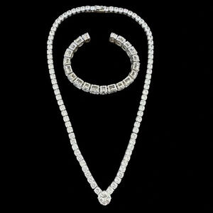 JB Silver Tone Shiny Crystal V Necklace Matching Cuff Bracelet Wedding Party New